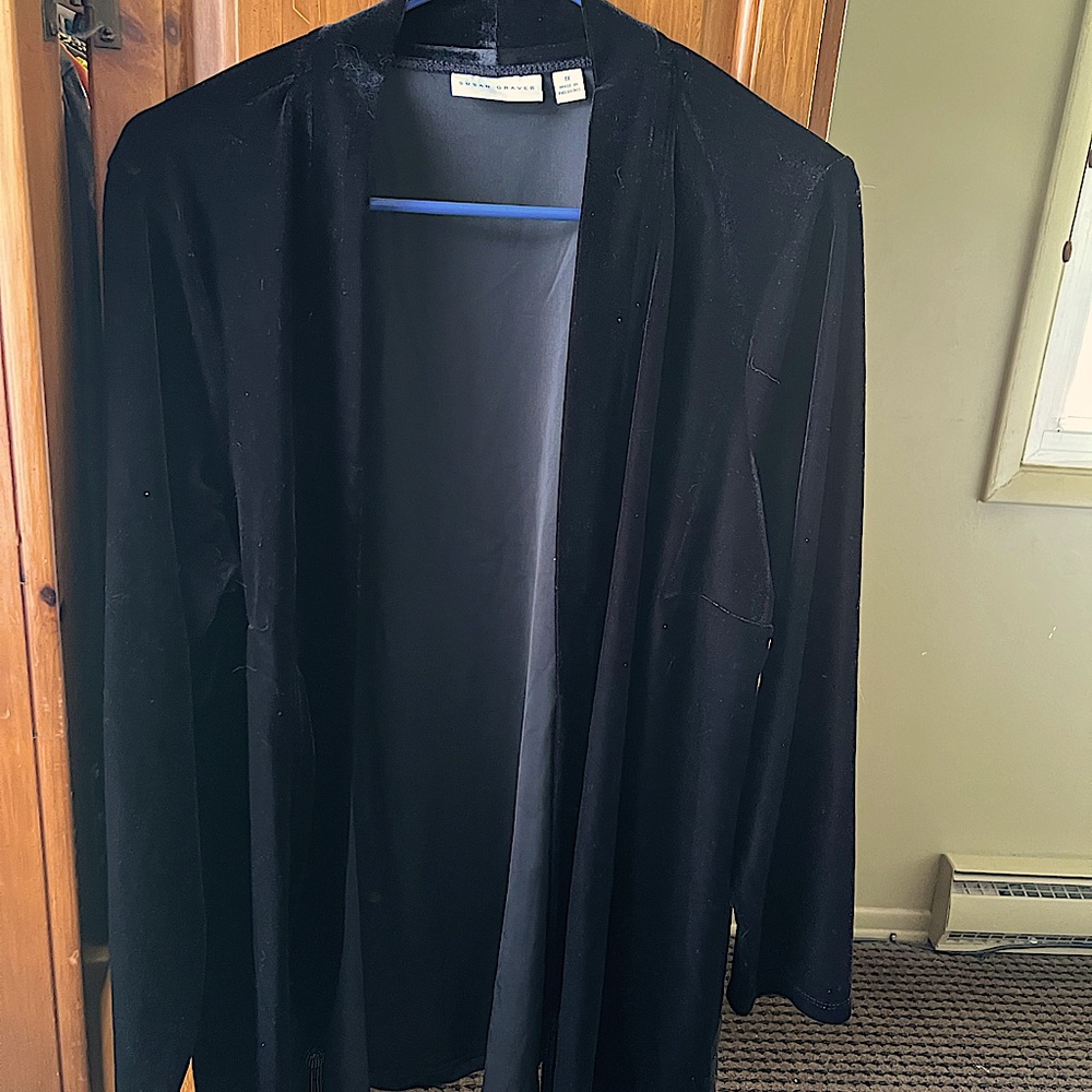 Open front black velour cardigan
